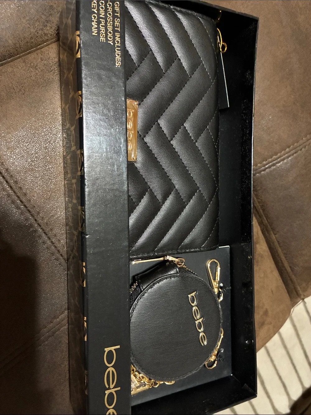 Bebe Black Quilted Wallet and Coin Purse Key Set with Gold Accents